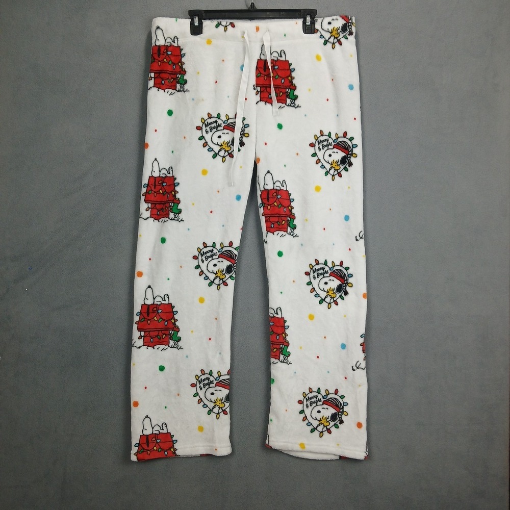 Berkshire Peanuts Snoopy Christmas Pajama Pants Women XL White Fleece Sleep Wear